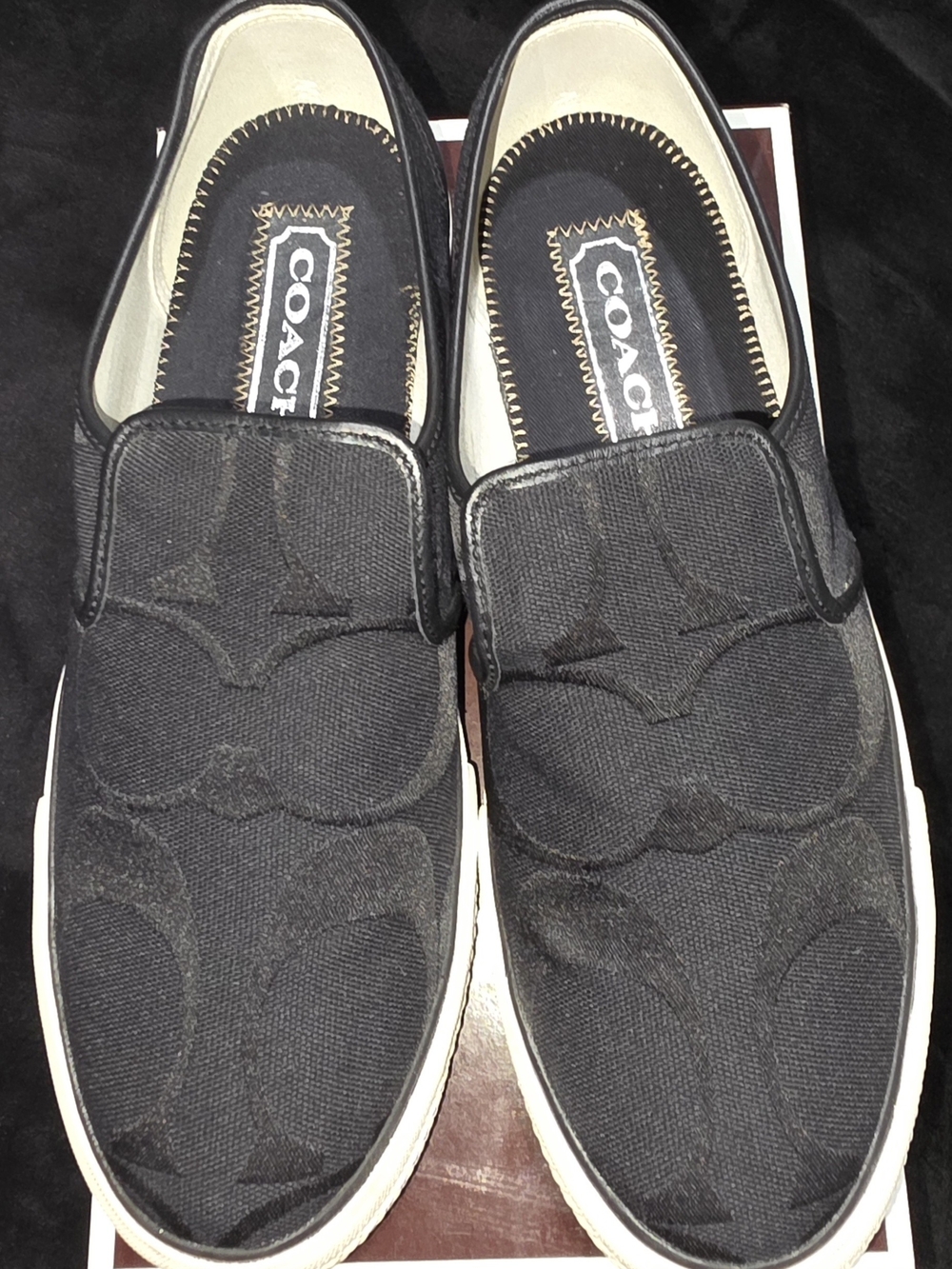 Men's Coach Black Slip-On Logo Canvas Loafers with White Soles - Size 9.5